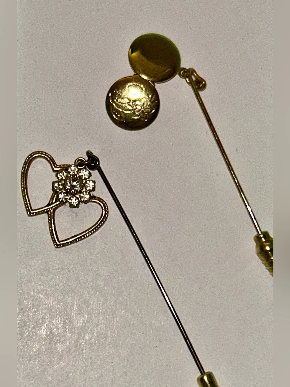 Gold-Tone Heart & Floral Locket Tie Stick Ladies Keepsake Pin Set of 2